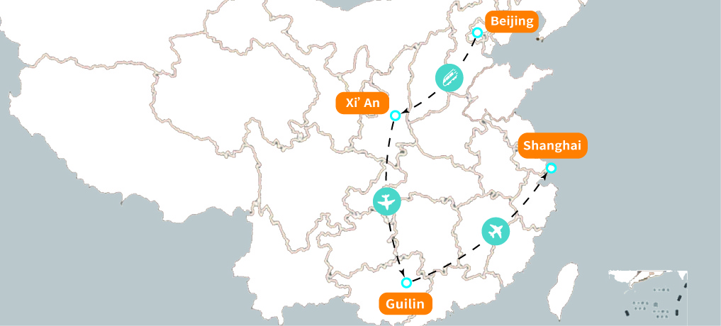 10-Day Beijing, Xi'an, Guilin and Shanghai Group Tour Map